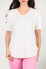 T - Shirt Met V - Hals En Afgeronde Zoom, Ecru