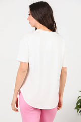 T - Shirt Met V - Hals En Afgeronde Zoom, Ecru