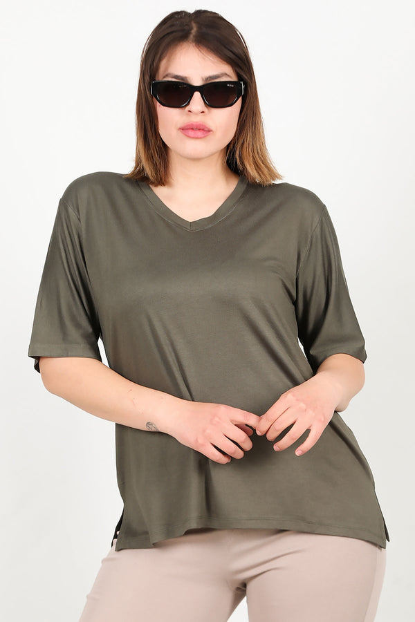 Blouse Met Korte Mouwen In Kaki – Grote Maten