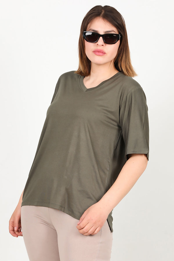Blouse Met Korte Mouwen In Kaki – Grote Maten