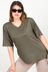 Blouse Met Korte Mouwen In Kaki – Grote Maten