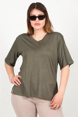 Blouse Met Korte Mouwen In Kaki – Grote Maten