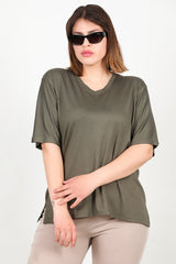 Blouse Met Korte Mouwen In Kaki – Grote Maten