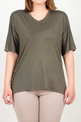 Blouse Met Korte Mouwen In Kaki – Grote Maten