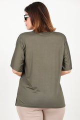 Blouse Met Korte Mouwen In Kaki – Grote Maten