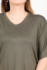 Blouse Met Korte Mouwen In Kaki – Grote Maten