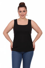 Plus - Size Vierkante Hals Lichte Gevoerde Mouwloze Blouse — Zwart