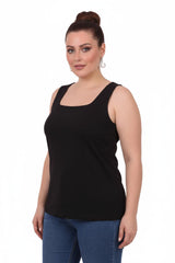 Plus - Size Vierkante Hals Lichte Gevoerde Mouwloze Blouse — Zwart