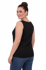 Plus - Size Vierkante Hals Lichte Gevoerde Mouwloze Blouse — Zwart