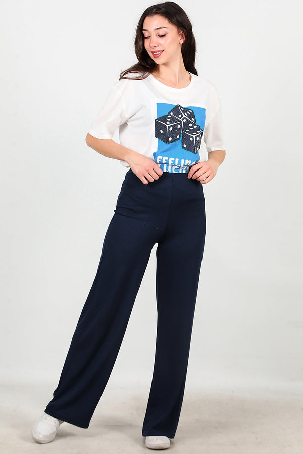Wijde Broek Met Elastische Taille — Marineblauw
