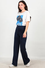 Wijde Broek Met Elastische Taille — Marineblauw