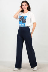 Wijde Broek Met Elastische Taille — Marineblauw