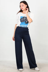 Wijde Broek Met Elastische Taille — Marineblauw