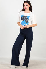 Wijde Broek Met Elastische Taille — Marineblauw