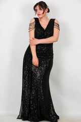 Plus - Size Long Sequin Evening Dress With Shoulder Chain — Black