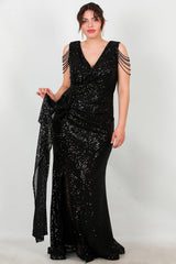 Plus - Size Long Sequin Evening Dress With Shoulder Chain — Black