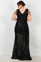 Plus - Size Long Sequin Evening Dress With Shoulder Chain — Black
