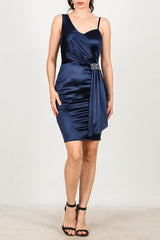 Korte Één - Schouder Avondjurk Met Sierstenen In De Taille — Marineblauw