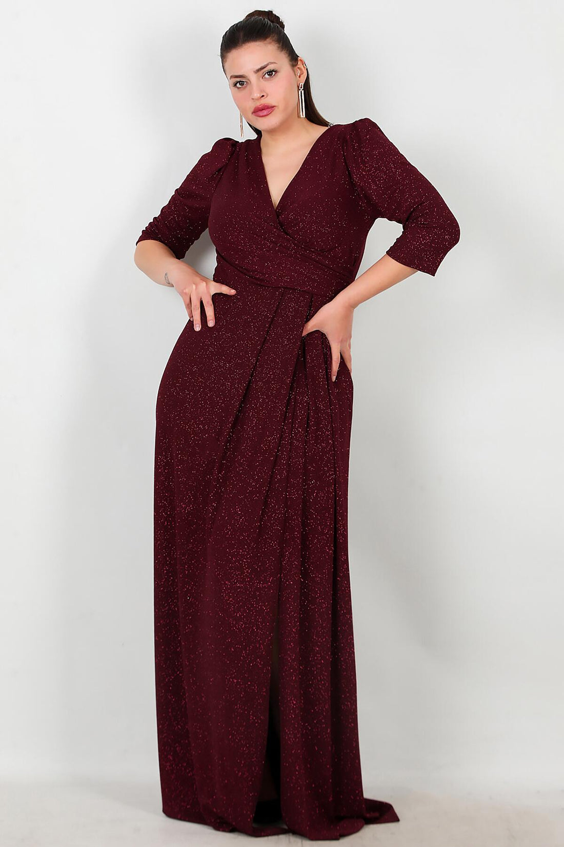 Abendkleid, Große Größe, Lang, Glitzernd, Ellenbogenärmel — Bordeaux