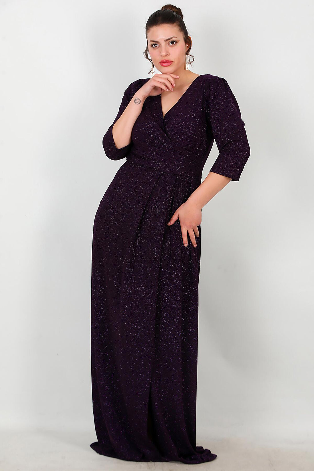 Abendkleid, Große Größe, Lang, Glitzernd, Ellenbogenärmel — Violett