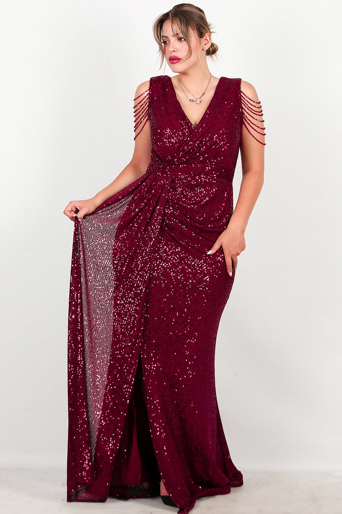 Plus - Size Bordeaux Pailletten Maxi - Jurk Met Schouderketting