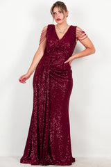Plus - Size Bordeaux Pailletten Maxi - Jurk Met Schouderketting