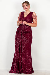 Plus - Size Bordeaux Pailletten Maxi - Jurk Met Schouderketting