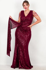 Plus - Size Bordeaux Pailletten Maxi - Jurk Met Schouderketting