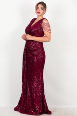 Plus - Size Bordeaux Pailletten Maxi - Jurk Met Schouderketting