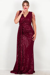 Plus - Size Bordeaux Pailletten Maxi - Jurk Met Schouderketting