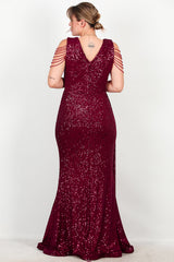 Plus - Size Bordeaux Pailletten Maxi - Jurk Met Schouderketting