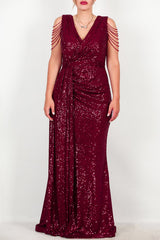 Plus - Size Bordeaux Pailletten Maxi - Jurk Met Schouderketting