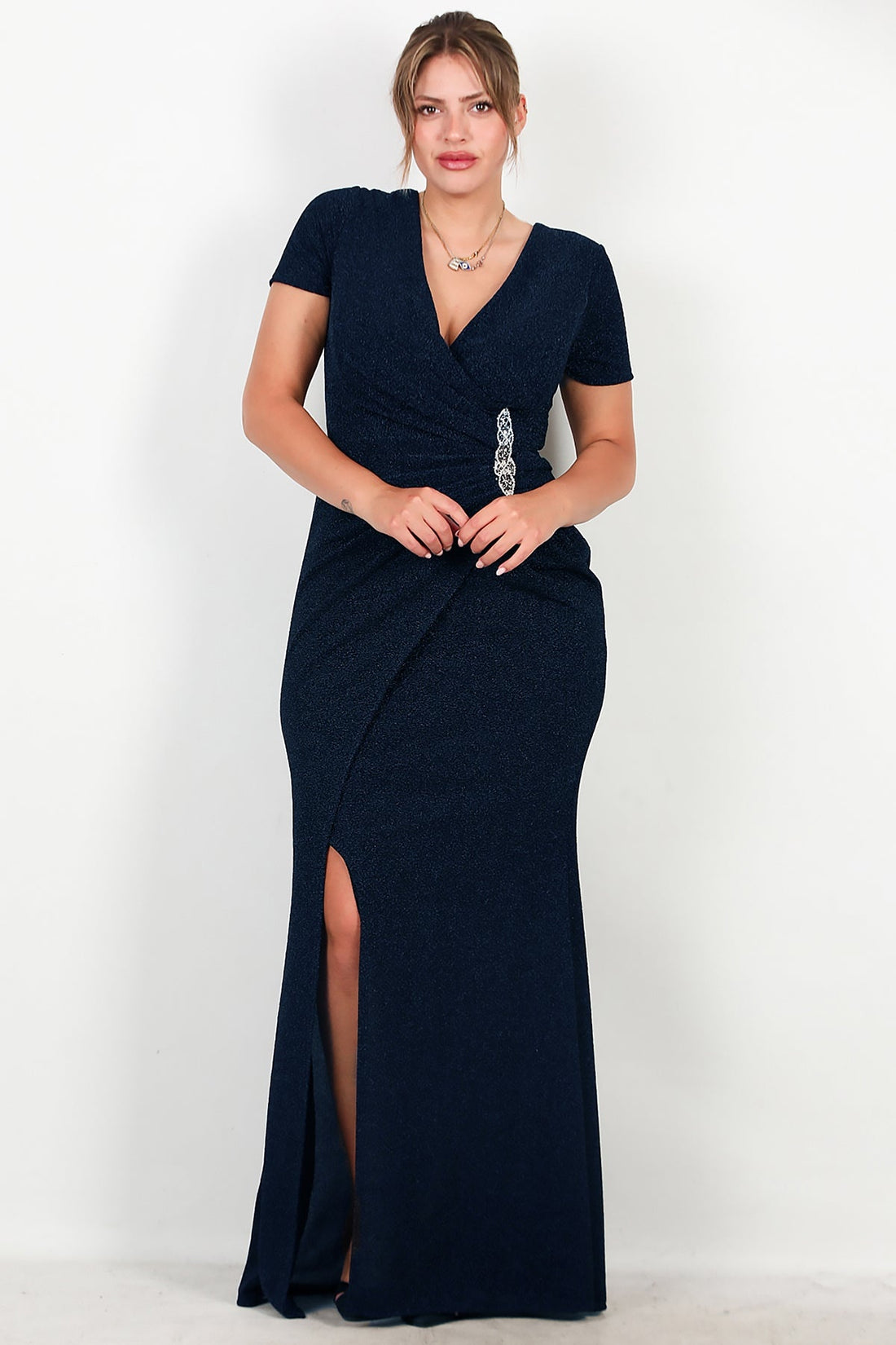 Marineblaues Glitzer - Abendkleid Mit Verzierter Taille, Kurzarm – Große Größen