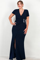 Marineblaues Glitzer - Abendkleid Mit Verzierter Taille, Kurzarm – Große Größen