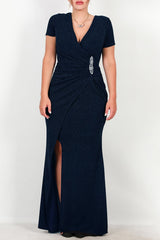 Marineblaues Glitzer - Abendkleid Mit Verzierter Taille, Kurzarm – Große Größen