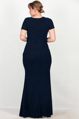 Marineblaues Glitzer - Abendkleid Mit Verzierter Taille, Kurzarm – Große Größen