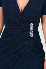 Marineblaues Glitzer - Abendkleid Mit Verzierter Taille, Kurzarm – Große Größen