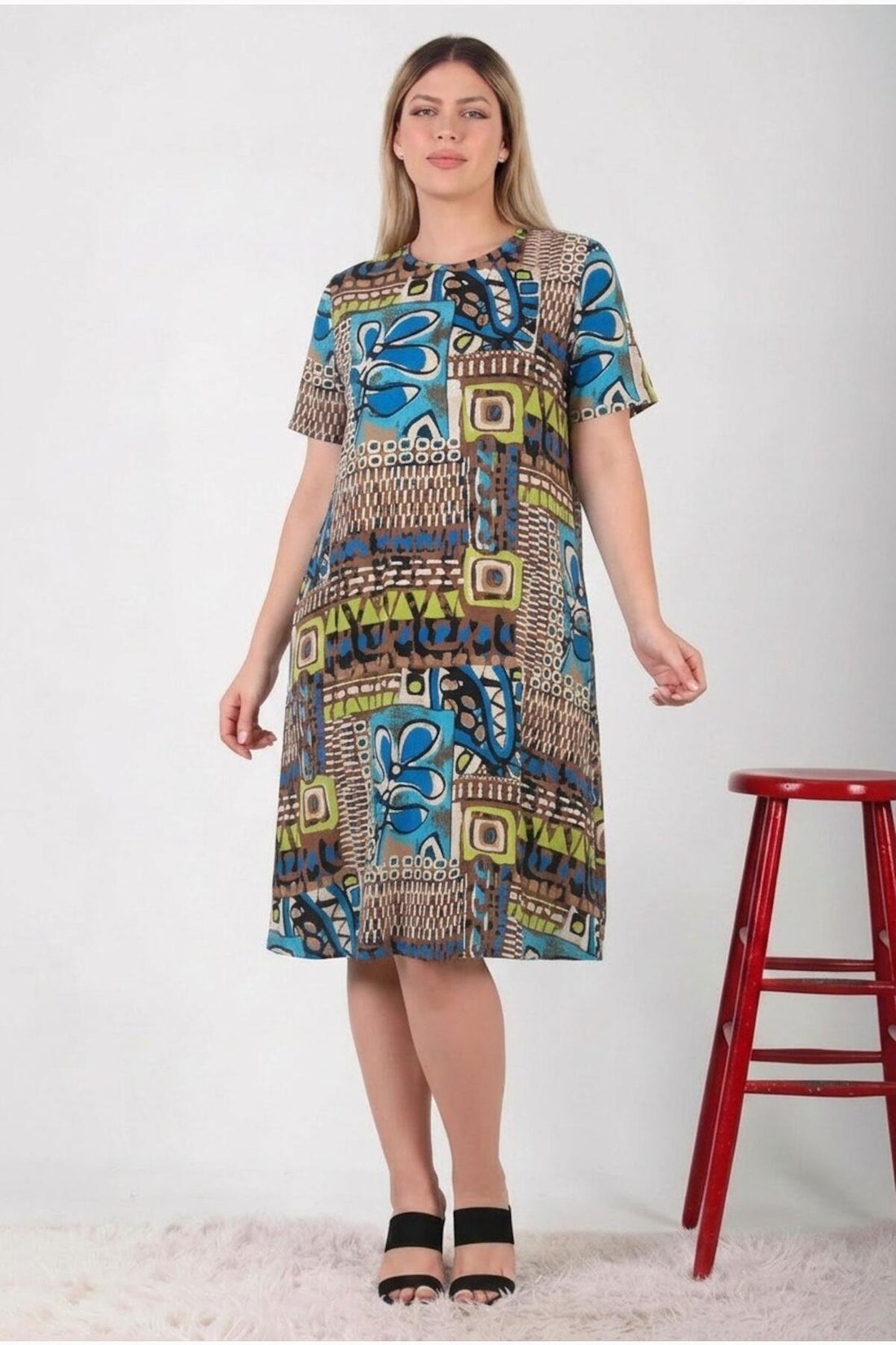 Jurk Met Dessin In Grote Maten — Multicolor