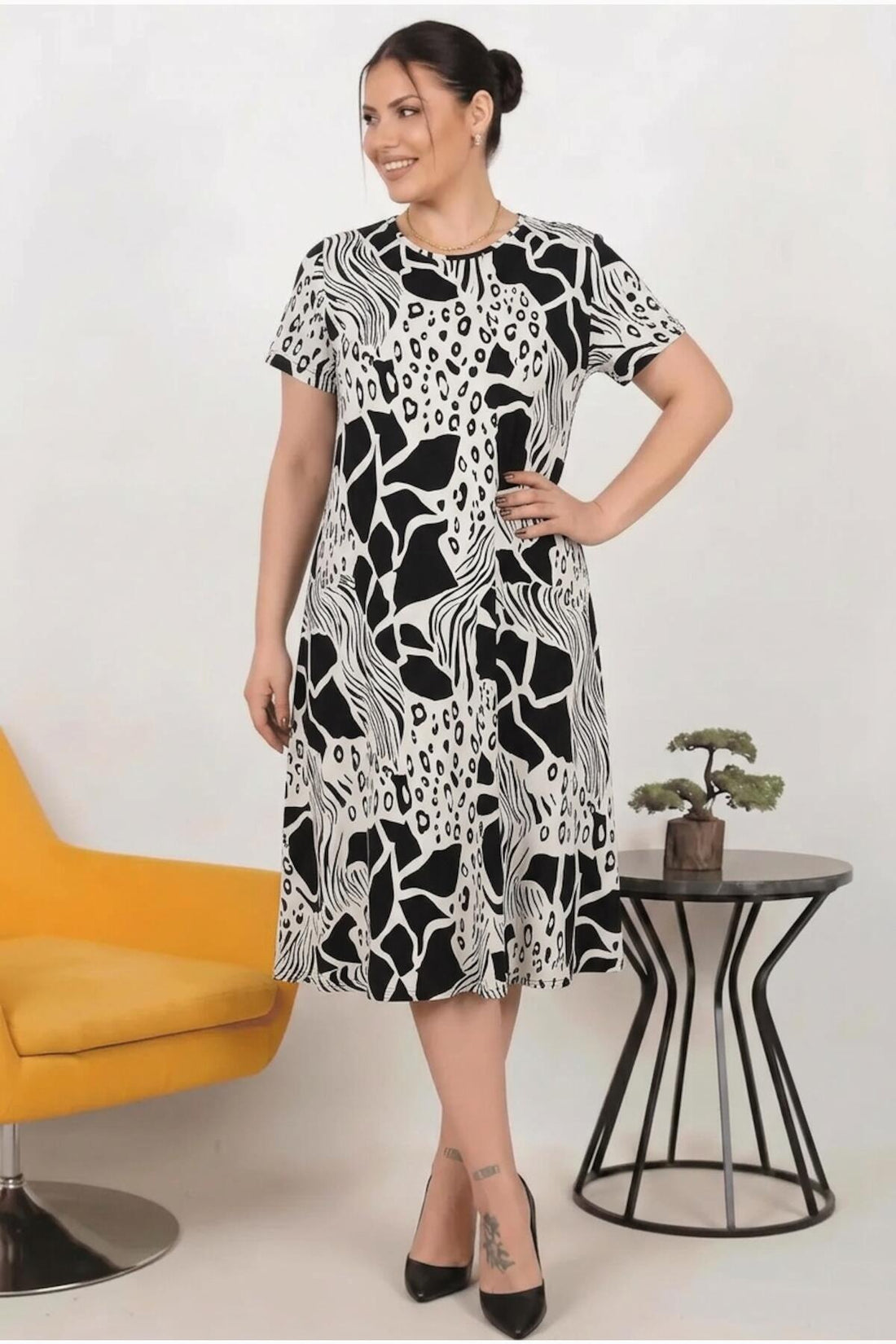 Jurk Met Dessin In Grote Maten — Multicolor