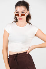 Kadın Düşük Omuz Kısa Tshirt  Ekru