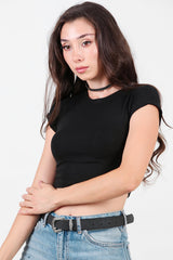 Kadın Düşük Omuz Kısa Tshirt  Siyah