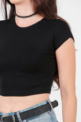 Kadın Düşük Omuz Kısa Tshirt  Siyah