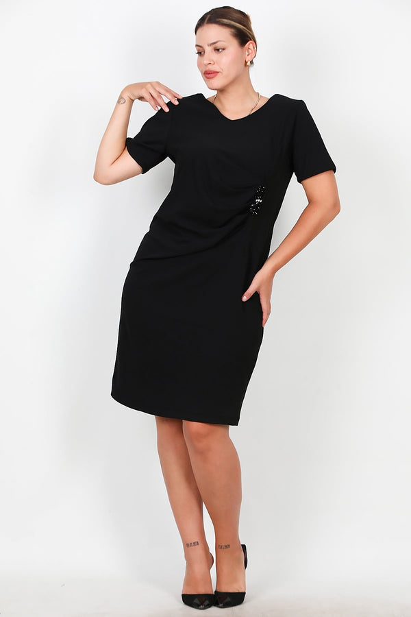 Große Größen – Kurzes Abendkleid Mit Steinbesatz An Der Taille, Schwarz