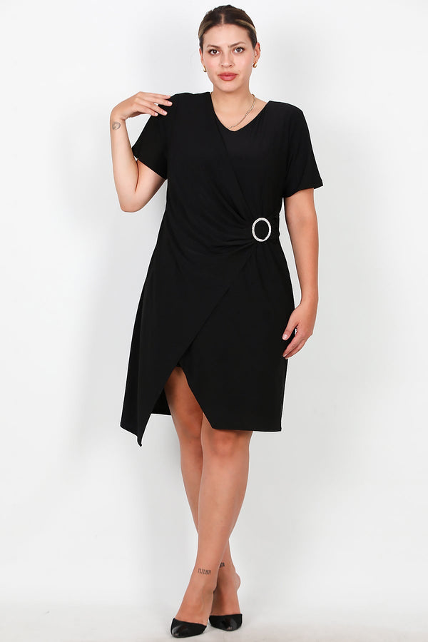 Plus - Size Korte Avondjurk Met Taillegesp, Zwart
