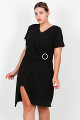 Plus - Size Korte Avondjurk Met Taillegesp, Zwart