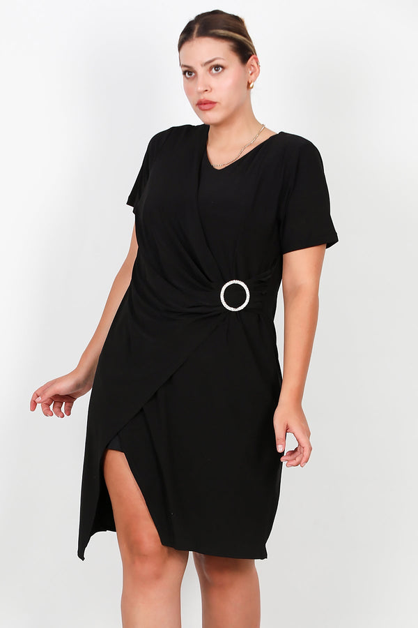 Plus - Size Korte Avondjurk Met Taillegesp, Zwart
