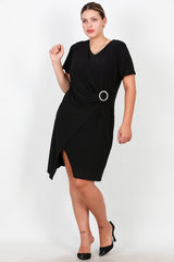Plus - Size Korte Avondjurk Met Taillegesp, Zwart