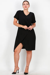 Plus - Size Korte Avondjurk Met Taillegesp, Zwart