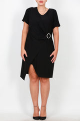 Plus - Size Korte Avondjurk Met Taillegesp, Zwart
