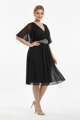Plus - Size Glittertule Midi - Jurk Met Steenversierde Taille – Zwart